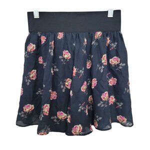 I Love H81 Floral Mini Skirt Size XS Navy & Pink Elastic Waistband